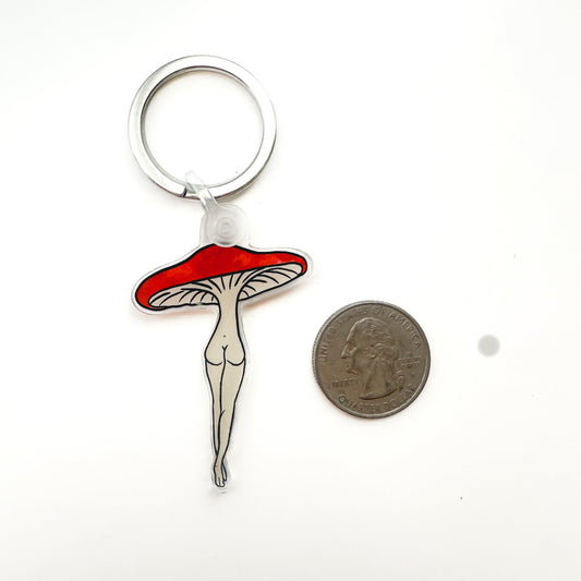 Mushroom-shaped keychain with a red cap and silver stem on a white background