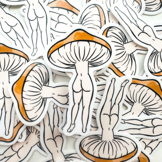 Illustrations of mushrooms with human-like figures inside on a white background