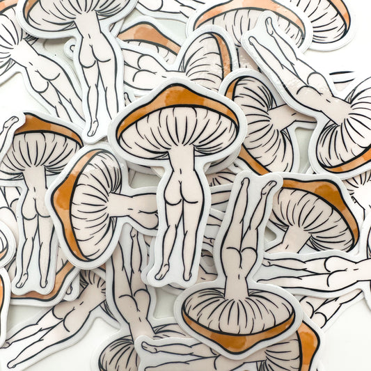 Stickers with mushroom and human figures on a white background